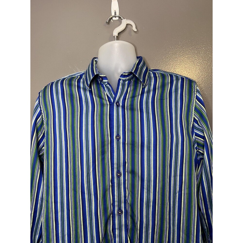 Robert Graham Shirt Mens Medium Blue Stripe Button Front Contrast Cuff